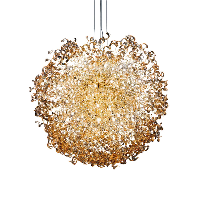 Astro 60 Light Crystal Chandelier 170cm, a large spherical pendant with tangled gold-toned metal strands and crystal accents, multiple lit points, on a plain white background.
