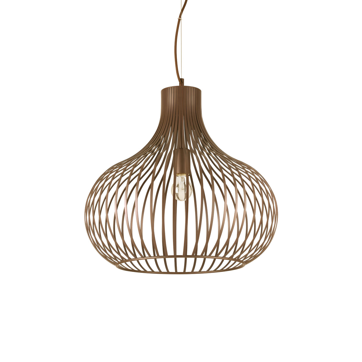 The Solyra 1 Light Pendant in brown, measuring 47cm, exudes modern sophistication with its spherical open wireframe design. Featuring industrial lighting elements, a sleek bronze finish highlights a single exposed bulb suspended by a central cord, embodying a contemporary and minimalist aesthetic.