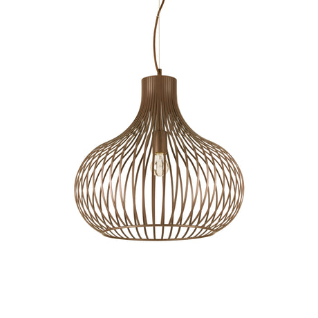 The Solyra 1 Light Pendant in brown, measuring 47cm, exudes modern sophistication with its spherical open wireframe design. Featuring industrial lighting elements, a sleek bronze finish highlights a single exposed bulb suspended by a central cord, embodying a contemporary and minimalist aesthetic.
