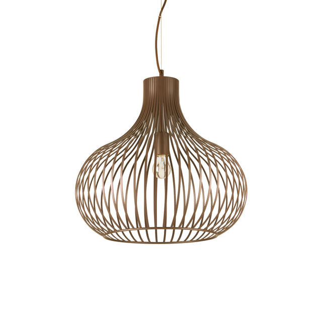 The Solyra 1 Light Pendant in brown, measuring 47cm, exudes modern sophistication with its spherical open wireframe design. Featuring industrial lighting elements, a sleek bronze finish highlights a single exposed bulb suspended by a central cord, embodying a contemporary and minimalist aesthetic.