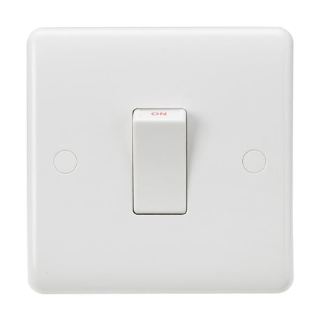 The 45A DP Switch (1 Gang Size) features a white plastic rocker on a 7mm plate, with the switch depicted in the on position. It has two visible screw covers on either side and is designed with anti-microbial properties for enhanced cleanliness, all in a small, rounded edge design.