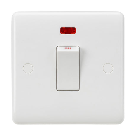 A 45A double pole switch in white with a rounded edge that includes anti-microbial properties and features a red neon indicator light with the word "ON" above it. This single-gang switch is mounted on a square plate with two circular screw covers on each side.