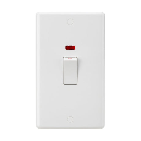 A white 45A DP Switch Neon in a 2-gang size, featuring a single toggle switch with an eye-catching neon indicator light above it, is set against a plain white background. The double pole switch is in the off position and offers anti-microbial properties for enhanced safety and cleanliness.