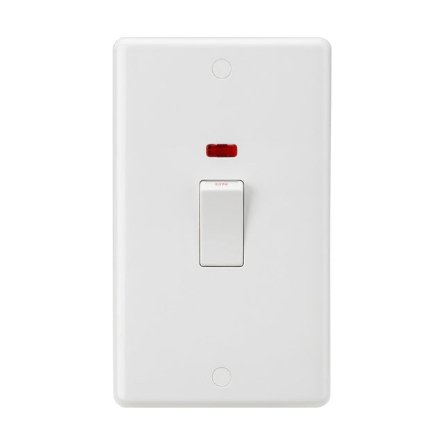 A white 45A DP Switch Neon in a 2-gang size, featuring a single toggle switch with an eye-catching neon indicator light above it, is set against a plain white background. The double pole switch is in the off position and offers anti-microbial properties for enhanced safety and cleanliness.