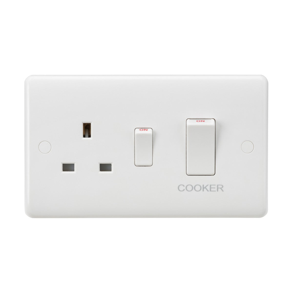 The 45A DP Switch & 13A Socket - White Rocker is a white cooker switch with anti-microbial properties, featuring one socket outlet. It includes two vertical switches labeled ON in red and the word COOKER imprinted below. The design is smooth and minimalist, certified to BS 4177 standards.