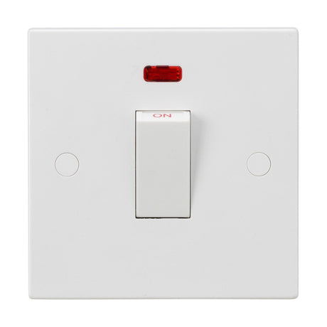 A white 45A Double Pole switch wall-mounted in the on position, featuring a red neon indicator light above it and a sleek Square Edge design from the 1 Gang Size White Rocker series.