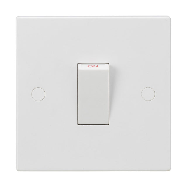 A 45A DP Switch (1 Gang Size) with a square edge plate, shown in the on position against a plain background. This white rocker switch is rectangular and slightly raised, highlighting its minimalist design and potential anti-microbial properties for enhanced safety.