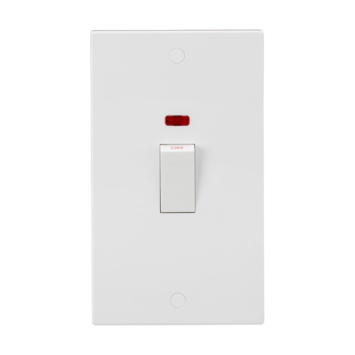 The 45A DP Neon Switch (2 Gang Size) - White Rocker is a white wall-mounted switch with a double pole configuration, featuring a red indicator and the word ON above it. It is rated at 45A and includes anti-microbial properties for enhanced hygiene.