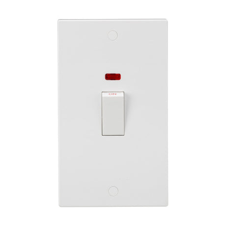 The 45A DP Neon Switch (2 Gang Size) - White Rocker is a white wall-mounted switch with a double pole configuration, featuring a red indicator and the word ON above it. It is rated at 45A and includes anti-microbial properties for enhanced hygiene.