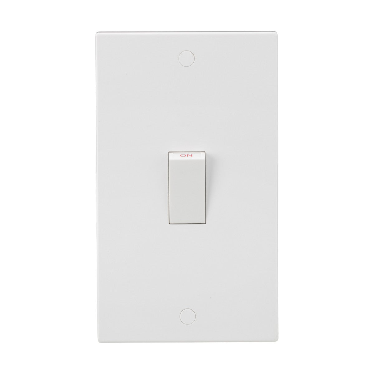 A 45A rated double pole white light switch with a rocker toggle in the ON position, mounted on a Square Edge plate. The White Rocker design maintains anti-microbial properties for cleanliness and effortlessly blends into the plain background.