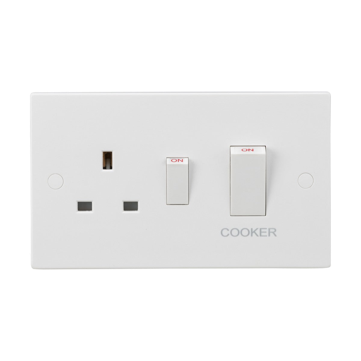 The 45A DP Switch & 13A Socket - White Rockers is a white electrical wall socket made from thermoset resin, featuring a single plug outlet and two 45A DP Cooker Switches marked ON, with "COOKER" printed beneath. This design offers enhanced durability and anti-microbial properties for safer everyday use.