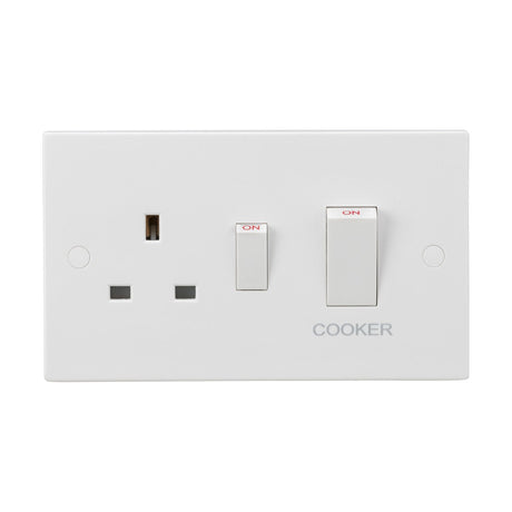 The 45A DP Switch & 13A Socket - White Rockers is a white electrical wall socket made from thermoset resin, featuring a single plug outlet and two 45A DP Cooker Switches marked ON, with "COOKER" printed beneath. This design offers enhanced durability and anti-microbial properties for safer everyday use.