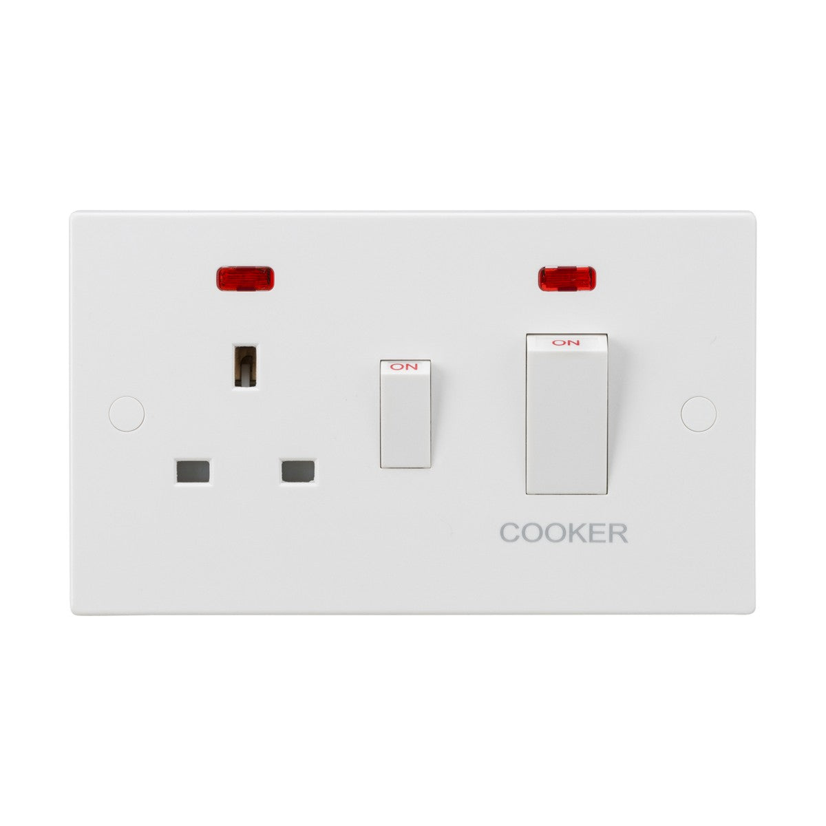 The 45A DP Switch & 13A Socket Neons - White Rockers is a white electrical wall socket that includes a 45A DP Cooker Switch and a 13A switched socket, both labeled ON. It boasts anti-microbial properties for improved hygiene and comes with two red indicator lights above the switches.