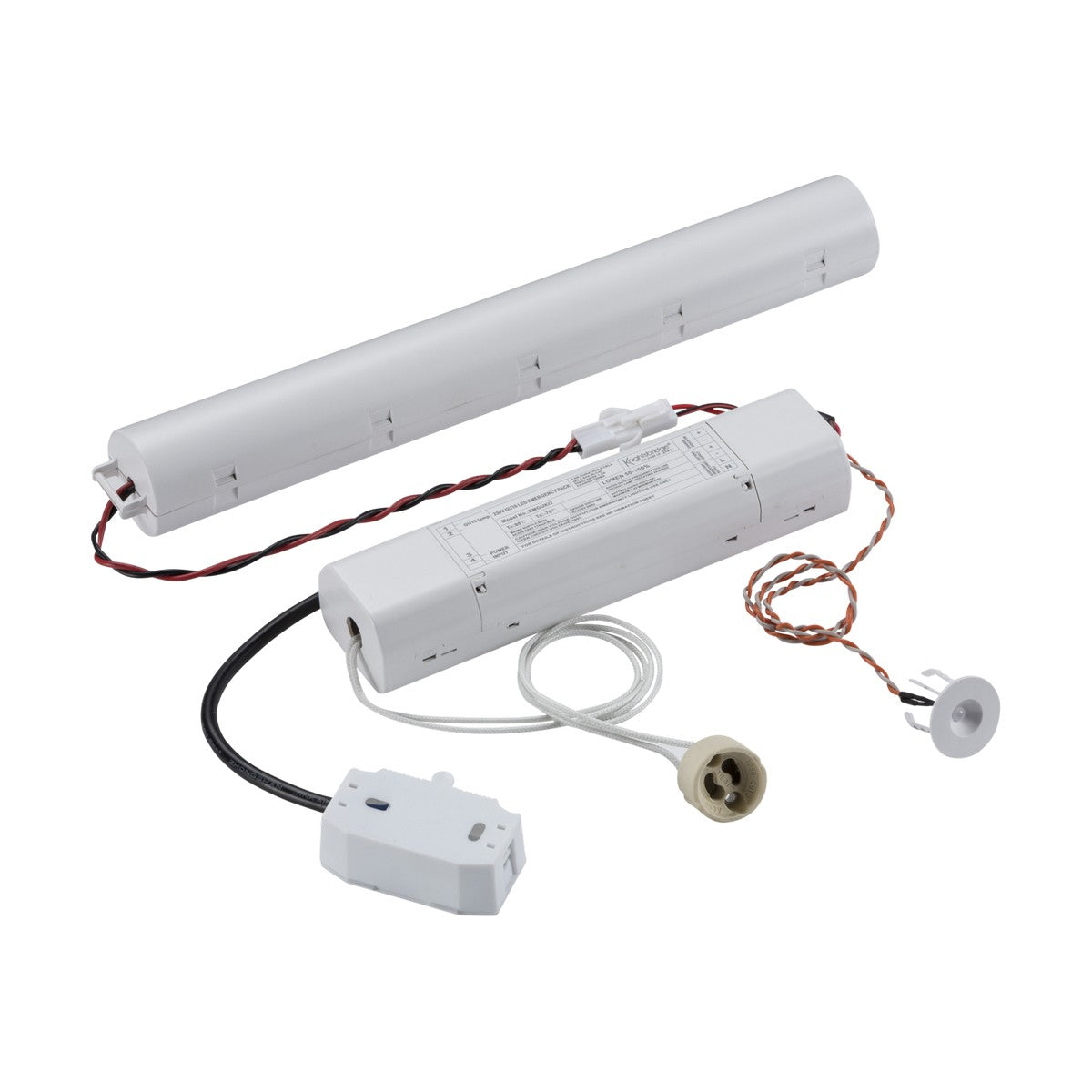 Product Description: The GU10 LED Emergency Pack, displayed on a white background, includes a set of white emergency lighting components such as a long cylindrical battery pack, wiring with connectors, a compact control unit, and additional electronic parts designed for GU10 LED Emergency solutions.