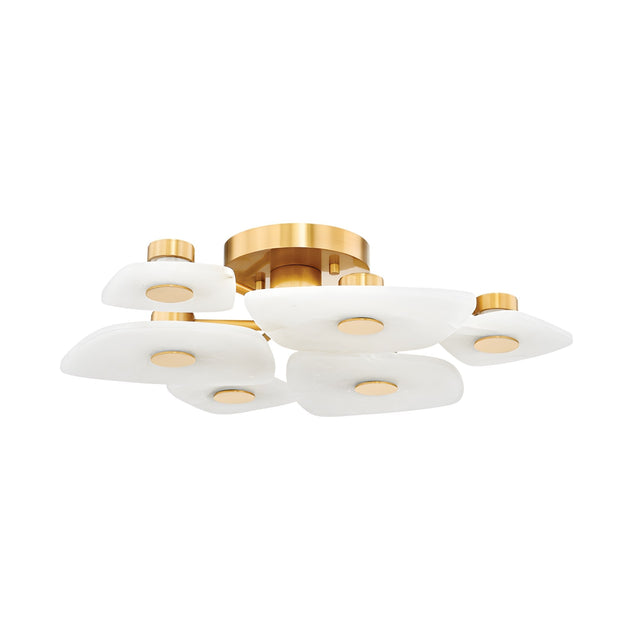 The Calyra LED Small Alabaster Semi-Flush Ceiling Light features a brass base and six soft white, petal-shaped shades arranged in a sculptural cluster, blending modern style with elegant illumination.