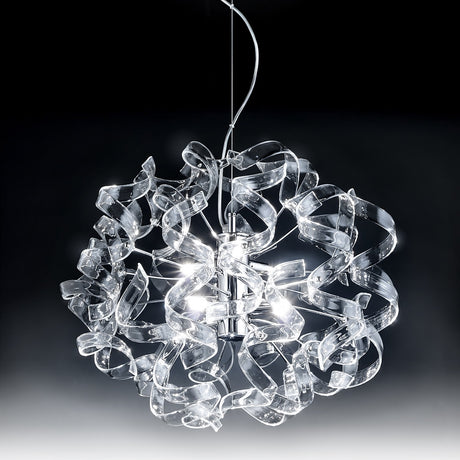 Astro 6 Light Spiral Crystal Chandelier with clear glass ribbons coiled into a dense spherical form on a chrome frame, shown against a dark background.