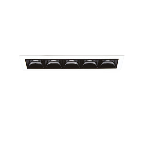 The Phosix Trim LED Recessed Downlight - 12W, 3000K, White is a rectangular ceiling light fixture with six black spotlight compartments set in a sleek white frame, providing energy-efficient illumination. Seen from below against a pristine white background, it offers an elegant lighting solution.