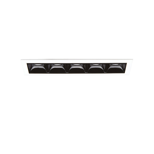 The Phosix Trim LED Recessed Downlight - 12W, 3000K, White is a rectangular ceiling light fixture with six black spotlight compartments set in a sleek white frame, providing energy-efficient illumination. Seen from below against a pristine white background, it offers an elegant lighting solution.