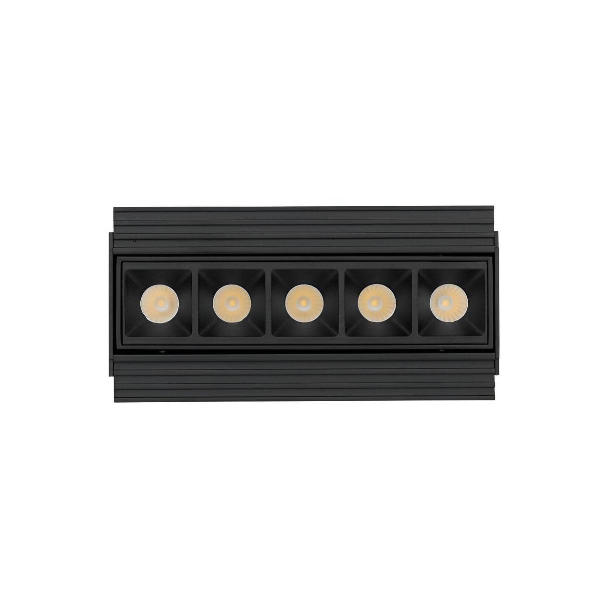 The Phosix Trimless LED Recessed Downlight offers a modern and minimalist design with its black finish and die-cast aluminum construction. This 12W fixture features a series of circular lights in a row, enhanced by a polycarbonate reflector to provide sophisticated indoor lighting at a warm 3000K.