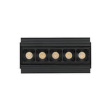 The Phosix Trimless LED Recessed Downlight offers a modern and minimalist design with its black finish and die-cast aluminum construction. This 12W fixture features a series of circular lights in a row, enhanced by a polycarbonate reflector to provide sophisticated indoor lighting at a warm 3000K.