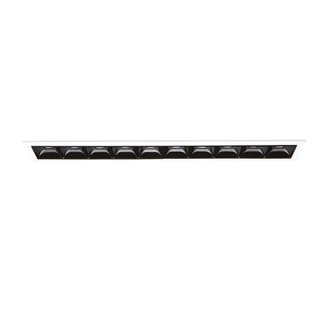 A sleek, rectangular array of Phosix Trim LED Recessed Downlights, finished in black and set against a white background, showcases a minimalist design that delivers energy-efficient lighting.