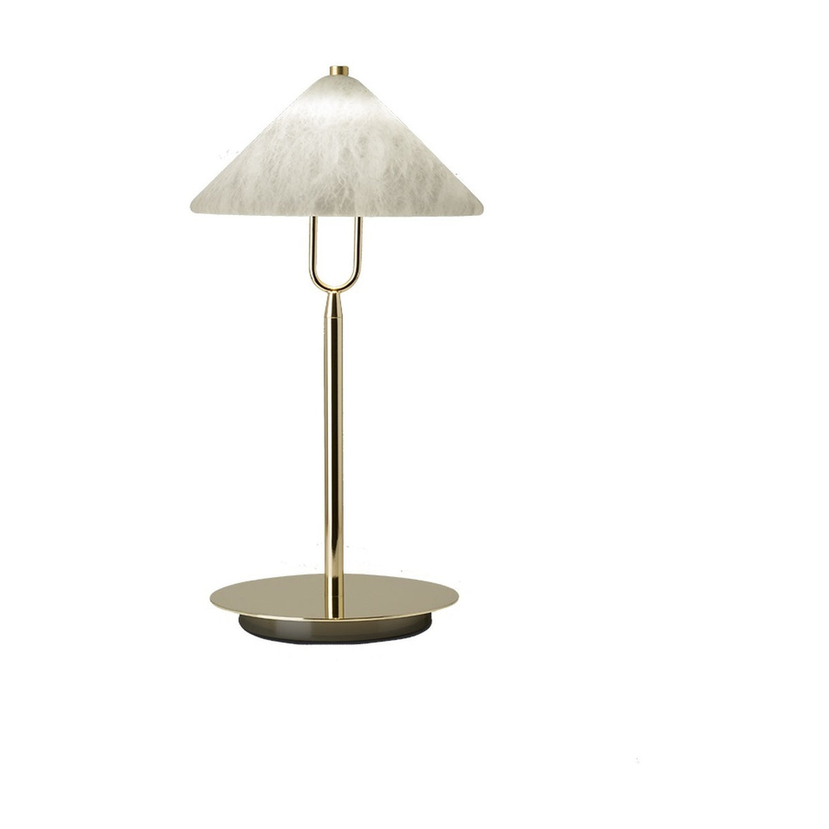 Fuji LED alabaster table lamp with conical white marbled shade, slim stem and round disc base in polished brass, shown on a plain white background.