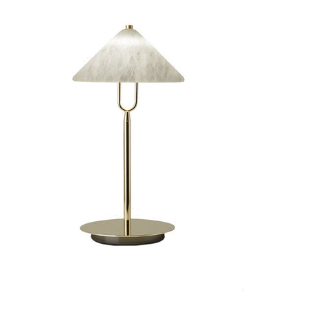 Fuji LED alabaster table lamp with conical white marbled shade, slim stem and round disc base in polished brass, shown on a plain white background.