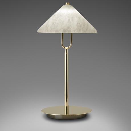 Fuji LED Alabaster Table Lamp with conical white shade, slim stem, and round disc base in polished brass, shown on a grey background.