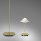Fuji LED Alabaster Table Lamp in polished brass with a conical alabaster shade and round disc base, shown beside a matching floor lamp on a grey background.
