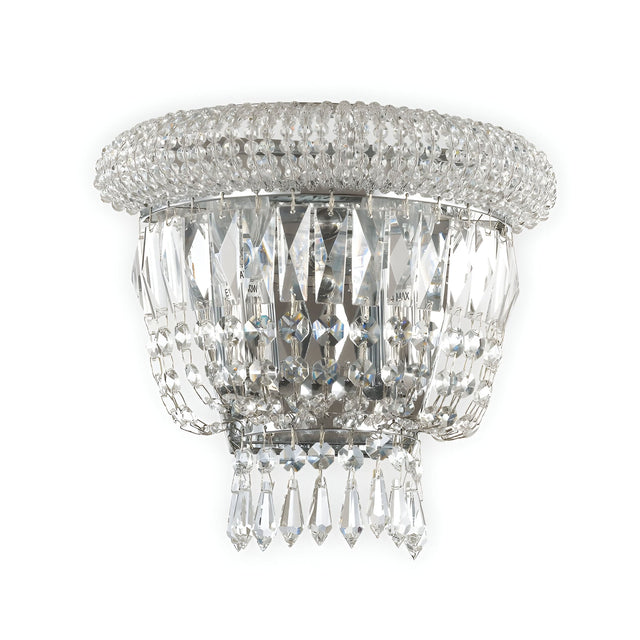 Introducing the Emberlit 2 Light Crystal Wall Light - Chrome: a decorative wall fixture featuring multiple layers of faceted crystal prisms and dimmable lighting. Its design showcases a wide, round top that tapers into a smaller base, elegantly mimicking a chandelier effect. The stunning crystal elements beautifully glisten and reflect light.