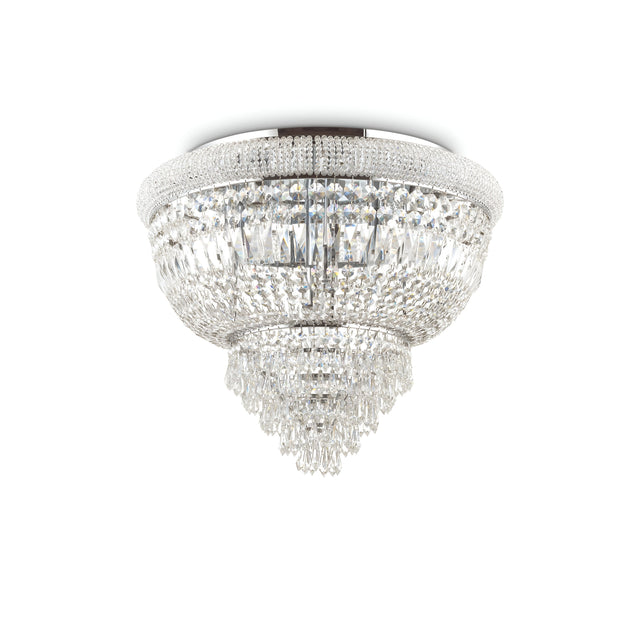 The Emberlit 5 Light Crystal Chandelier - Chrome is an exquisite masterpiece featuring a tiered design with multiple layers of sparkling crystals cascading from its chrome base, creating a luxurious and elegant appearance. Its dimmable feature allows for customizable illumination suitable for any occasion.