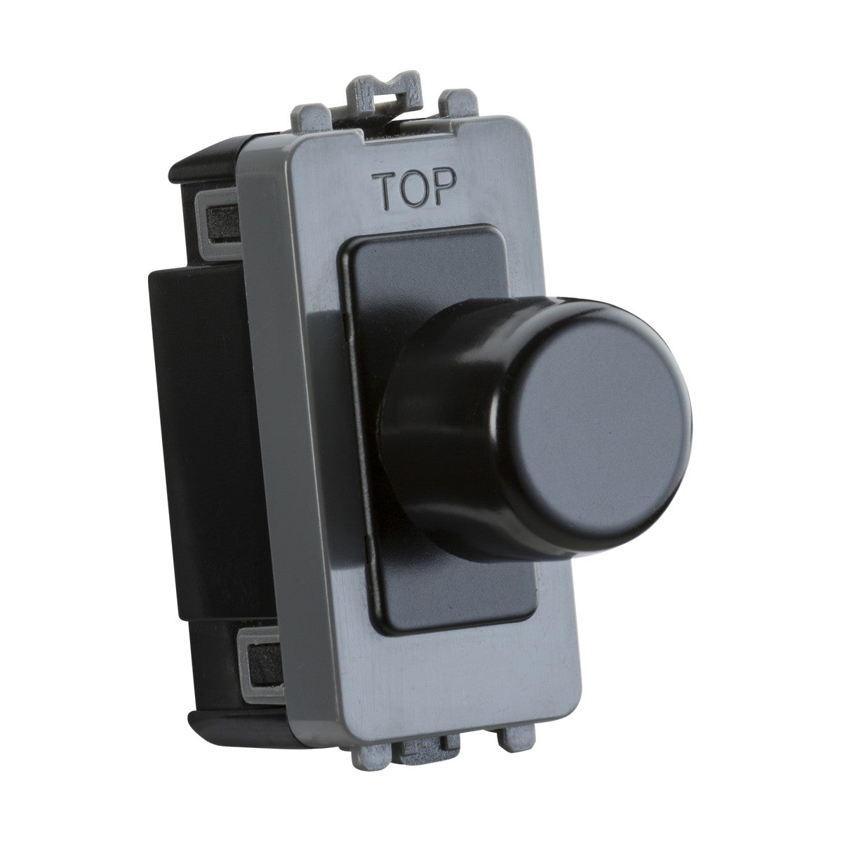 Introducing the 6A 1 Gang 2-Way Dummy Dimmer Module in matt black, set within a silver frame and labeled "TOP" at the upper end. The centrally located knob enhances its modern aesthetic, making it ideal for wall installation with contemporary grid faceplates.