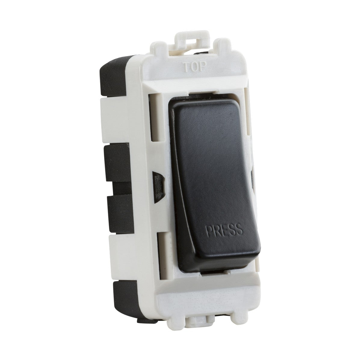 Close-up of a matt black PRESS button, named the 20AX 2-Way Retractive SP Module, compatible with the Knightsbridge Grid system. It is housed in white rectangular plastic for wall or door frame installations.