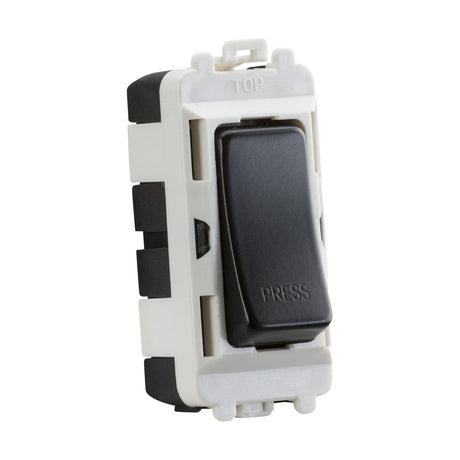 Close-up of a matt black PRESS button, named the 20AX 2-Way Retractive SP Module, compatible with the Knightsbridge Grid system. It is housed in white rectangular plastic for wall or door frame installations.