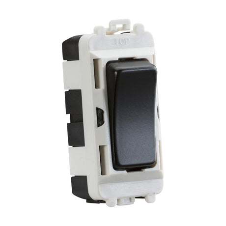 The image features a close-up of the 20AX 2-Way Grid Module (Centre Off) in a sleek matt black finish, framed with a white rectangular edge, and labeled "TOP" at the upper edge. This component from the Knightsbridge Grid system is designed for electrical installations and is displayed at an angle to highlight its profile and connection points.
