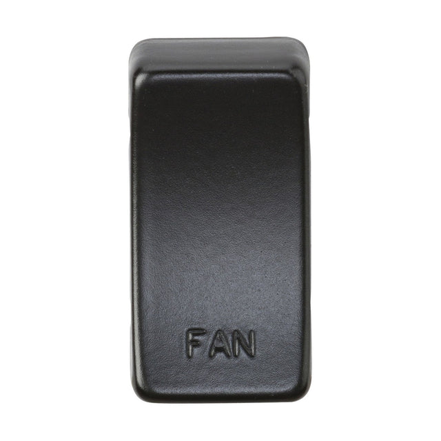 Here's a revised version of the sentence using the provided product data:

A close-up view of the Switch Cover "Marked FAN" in matt black shows its rectangular design. Made with durable ABS construction, this rocker smoothly covers the off position.