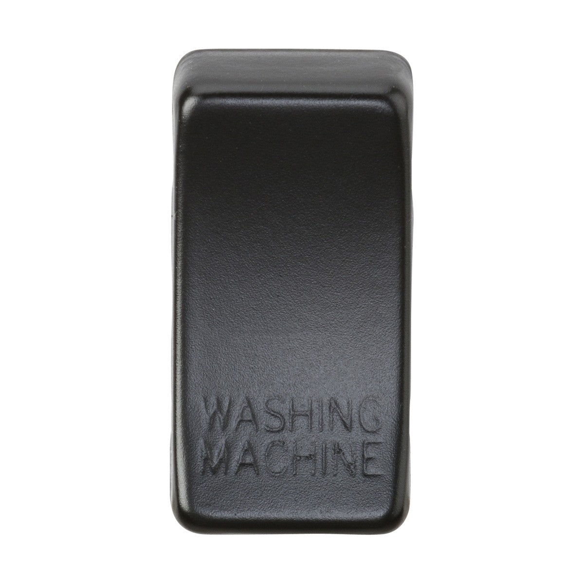 Introducing the Switch Cover "Marked WASHING MACHINE" in a sleek matt black finish, this rectangular button is crafted from plastic with rounded edges and features embossed text that reads "WASHING MACHINE," reminiscent of rocker covers.