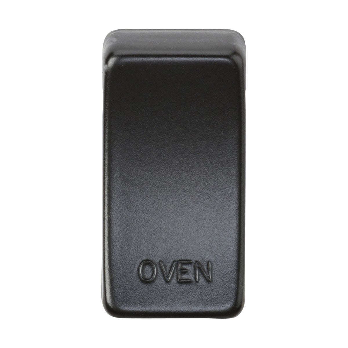 A close-up image of a matt black rectangular object, featuring the words "Marked OVEN," highlights its smooth, rounded edges. Crafted with durable ABS construction, this switch cover is set against a plain white background.