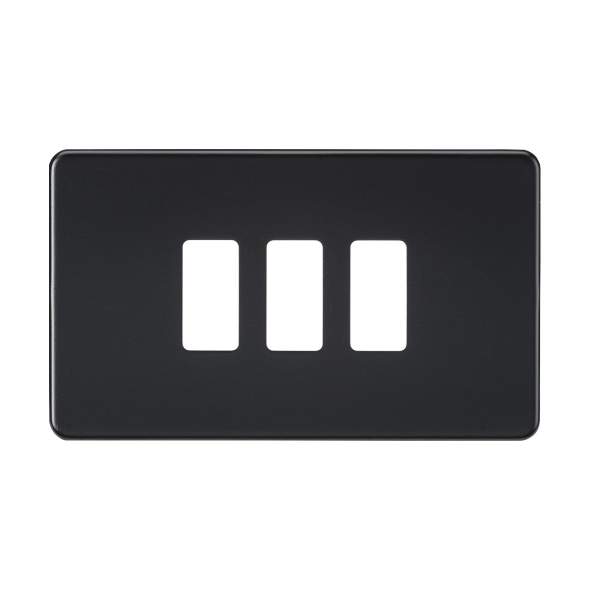 The Screwless 3 Gang Grid Faceplate in matt black, with its sleek rectangular design and three switch cutouts, is elegantly displayed against a white background.