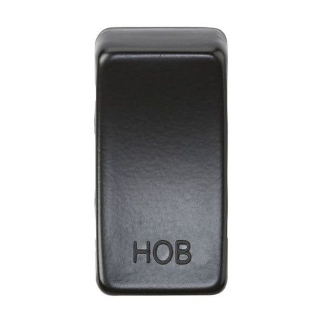 The Switch Cover "Marked HOB" in matt black features interchangeable functionality and robust ABS construction, making it ideal for controlling a hob or stove appliance.