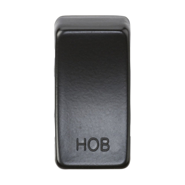 The Switch Cover "Marked HOB" in matt black features interchangeable functionality and robust ABS construction, making it ideal for controlling a hob or stove appliance.