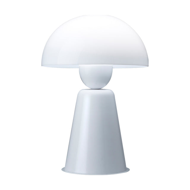 Star Table Lamp in glossy white, featuring a wide dome acrylic shade on a rounded neck atop a tapering iron cone base, shown on a plain white background.