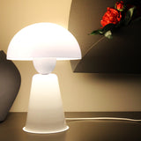 Star Table Lamp in glossy white acrylic and iron, with a dome shade, rounded neck and conical base, lit on a desk beside a dark vase and red flowers.