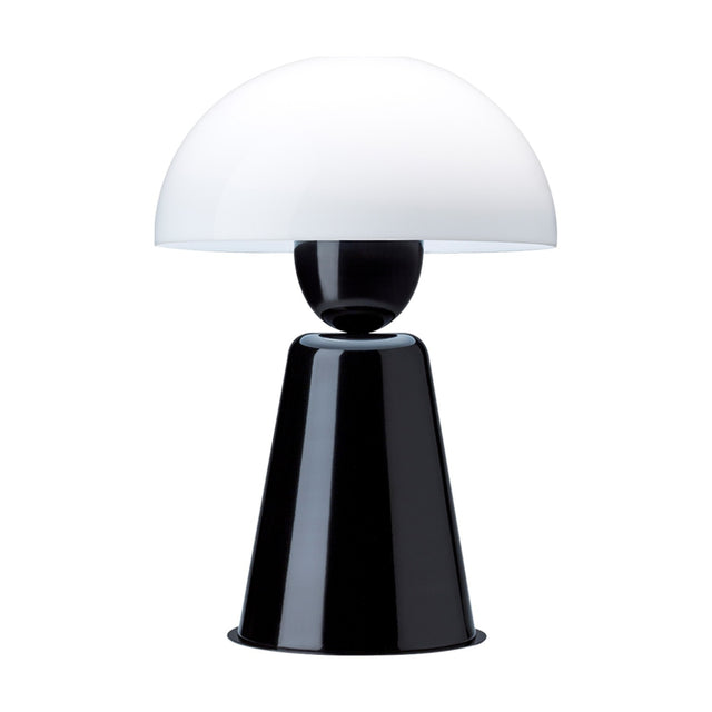 Star Table Lamp in glossy black, featuring a tapering conical iron base, small black sphere neck, and wide white acrylic dome shade, shown on a plain white background.