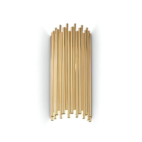 Introducing the Fluxor Wall Light - Gold: a contemporary gold wall light showcasing an abstract design with vertical golden metal rods of varying lengths. Its modern design delivers a sleek and elegant appearance against a white background.