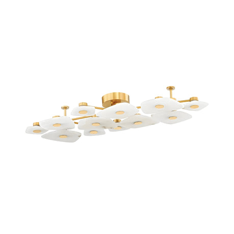 The Calyra LED Large Alabaster Semi-Flush Ceiling Light in Brass & Soft White features clusters of white, petal-inspired shades around small bulbs—ideal for a modern interior.