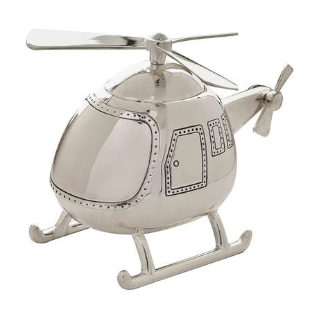 Helicopter-shaped silverplated money box with rounded cabin, main and tail rotors, dotted rivet detailing on the window and door, and landing skids, shown on a plain white background.