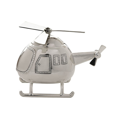 Silverplated helicopter-shaped money box with rounded cabin, main and tail rotors, landing skids, and dotted rivet detailing around the door and windows, shown on a white background.