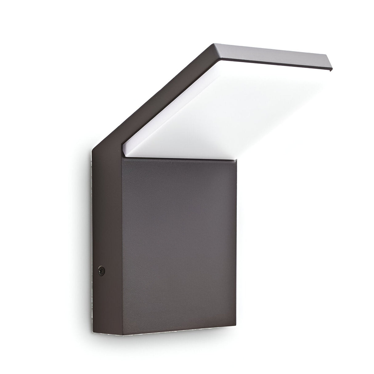 Introducing the Brillix Outdoor LED Wall Light 9W 4000K in an anthracite finish, featuring a sleek and angular design. Its dark rectangular base supports a flat, extended LED panel that provides soft illumination, making it an ideal choice for contemporary outdoor lighting and decor.