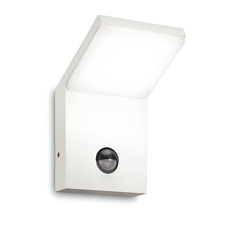 Introducing the Brillix Outdoor Motion Sensor LED Wall Light 9.5W 4000K in White, featuring a sleek, minimalist design perfect for outdoor use. This modern wall light fixture is equipped with an energy-efficient LED and seamlessly affixes to any wall with its motion sensor at the base.